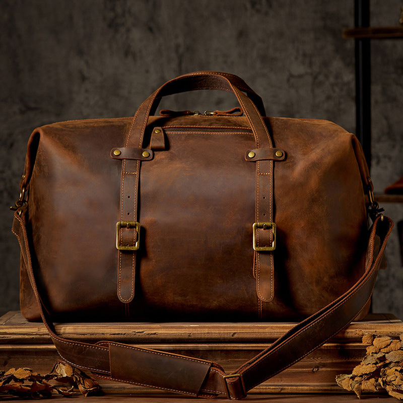 Classic Leather Traveling Duffel Bag - brown