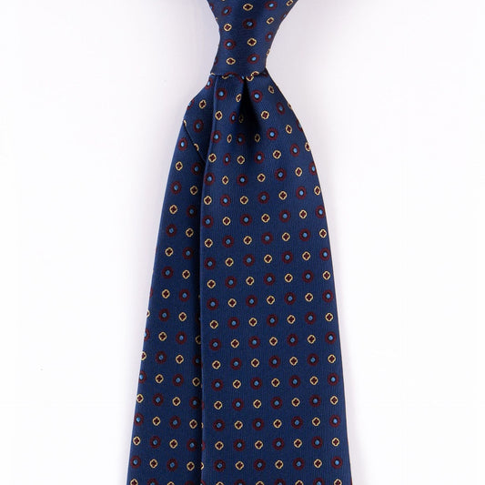 Marinero Fine Menswear | Classic Micropattern Necktie | Navy with Purple-Gold Circles